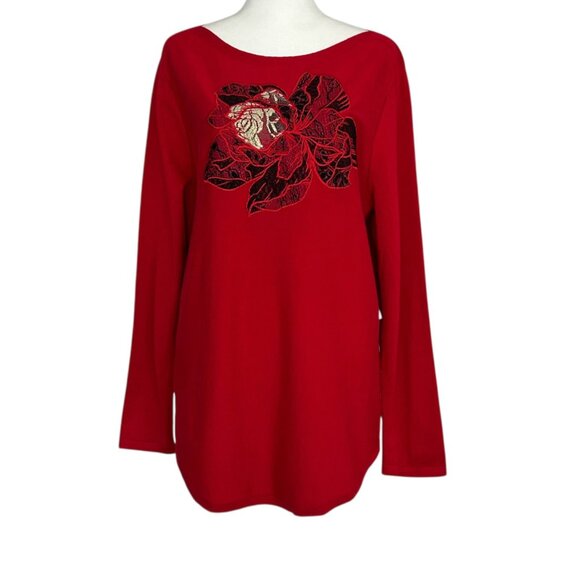 Chico's Red Placed Floral Bateau Long Sleeve Embellished Knit Sweater NWT (L) - Picture 13 of 13